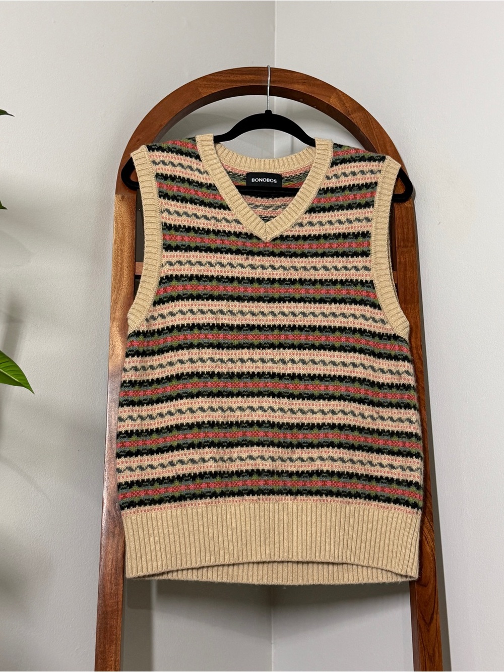 Bonobos MEDIUM Tan Multicolored Stripes V Neck Sweater Vest Wool Alpaca